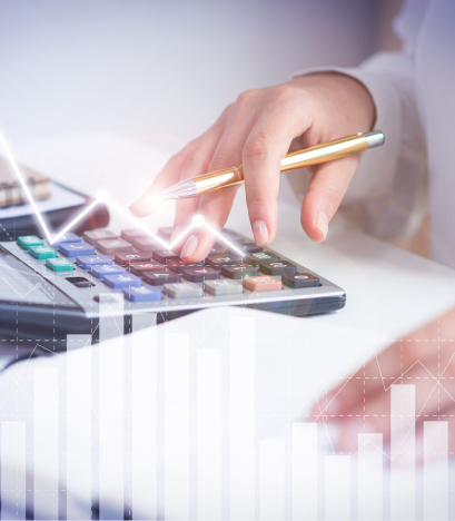 Accountant calculating profit with financial analysis graphs. Notebook, glasses and calculator lying on desk. Accountancy concept. Cropped view.